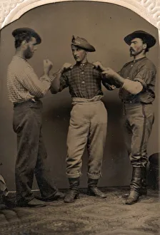 Ferrotype Prints: Two Men in Boxing Stance, a Third Man Adjusting One Mans Form, 1860s-80s. Creator: J. C