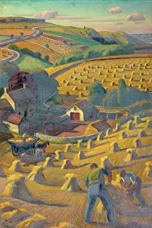 The National Archives Prints: Men build haystacks amid a pastoral landscape