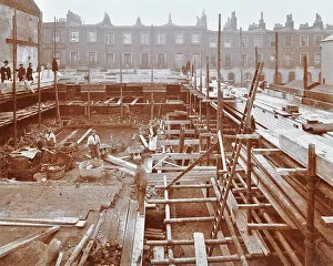 Greater London Council Gallery: Men building the Camden Town Sub-Station, London, 1908