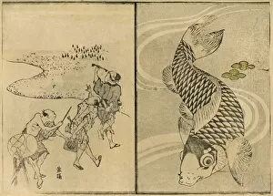 Dutton Gallery: Three men, and carp, 1814, (1924). Creator: Totoya Hokkei