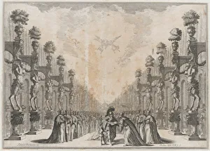 Kusel Mathaus Prints: Three men at center, an old man who holding out an open book for a soldier to sign as a sm