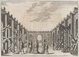 Kusel Mathaus Prints: Two men in classical armor and two women looking at the mechanical devices on either side