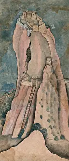 Isolation Prints: Men climbing a large cliff to reach the fortress on top