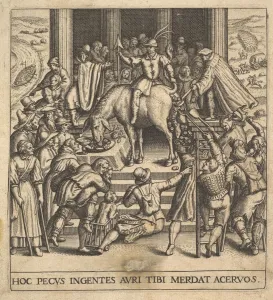 Back To Front Gallery: Men collecting dung dropping from the hindquarters of a mule, with a rider sitting ba