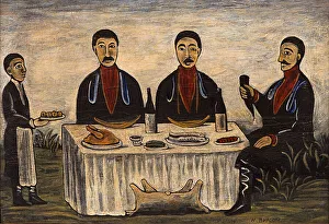 Three Men at Dinner, 1900s. Artist: Pirosmani, Niko (1862-1918) Three Men at Dinner, 1900s. Artist: Pirosmani, Niko (1862-1918)