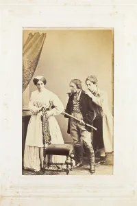 Impersonating Prints: Three men, one in drag, acting out a scene, [between 1890 and 1899?]. Creator: Unknown