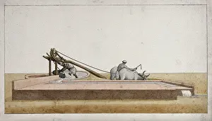 Irrigation Prints: Two men drawing water from a well to channel into the fields