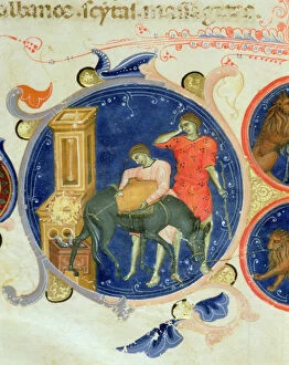 Men drinking from a fountain, Miniature from the Bible of Charles V of Valois