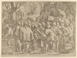 L And Xe9 Collection: Men Gathered Around a Camel, mid-16th century. Creator: Leon Davent