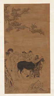 Two men and two horses under a pine tree, Qing dynasty, 18th century. Creator: Unknown