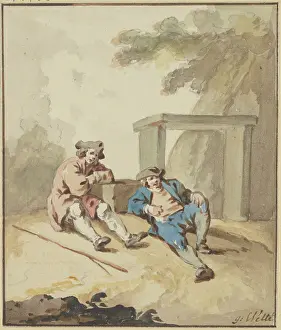 Reclining Prints: Two men lying on the ground by a stone bench, c1770-1790. Creator: Gottlieb Welte