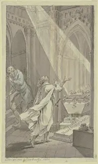 Surprise Prints: Two men in a medieval crypt next to a coffin, 18th century. Creator: Christian Sambach
