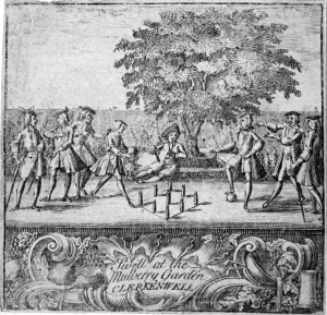 Clerkenwell Prints: Men playing swill at Mulberry Garden, Clerkenwell, London, c1750