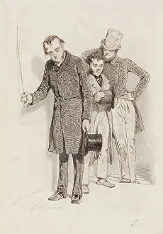 Chevallier Sulpice Guillaume Prints: Three Men, One Pulling a Bell, 1845. Creator: Paul Gavarni