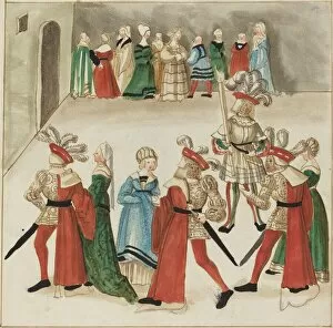 Masquerade Ball Gallery: Three Men in Red Capes Dancing with Their Partners, c. 1515. Creator: Unknown
