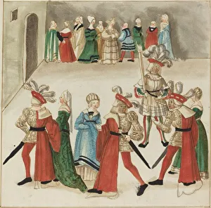 Masked Ball Prints: Three Men in Red Capes Dancing with Their Partners, c. 1515. Creator: Unknown
