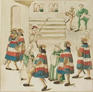 Masked Ball Gallery: Men in Red, White and Blue Dancing with Their Partners, c. 1515. Creator: Unknown