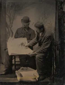 Tintype Prints: Two Men Reviewing Plans, 1860s-70s. Creator: Unknown