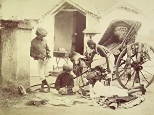 Gathering Prints: Four men and a rickshaw, India, 1873. Creator: Willoughby Wallace Hooper