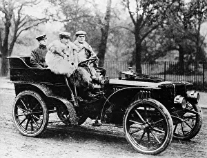 Veteran Car Prints: Men riding in a 16hp De Dietrich car, 1902
