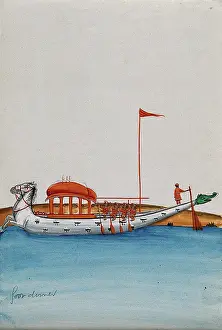 Four men row a long boat with a domed canopy, shaped as two horses in... (between 1800 and 1899?). Creator: Unknown
