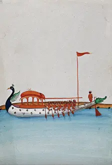 Peacock Prints: Six men row a long boat with a domed canopy