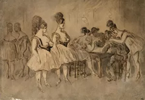 Men with scantily dressed women sitting at the table