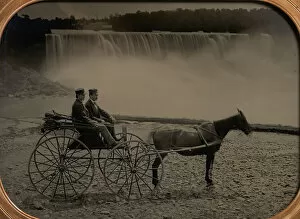 Images Dated 10th August 2020: Two Men Seated in a Horse-Drawn Carriage in Front of Niagara Falls, 1860s