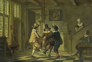 Tile Prints: Three men in seventeenth-century costumes dancing in the entrance hall of a house