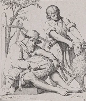 Sheepshearing Prints: Two men sheep shearing, ca. 1842. Creator: Eduard Julius Friedrich Bendemann