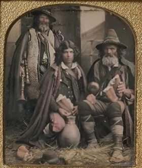 Bagpipes Gallery: Three Men in Shepherd Attire, One with Bagpipes, the Other Two Holding Bread, 1850s