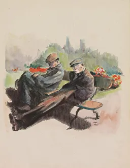 Two men sitting on a bench in a park, 1919. Creator: Otto Verhagen