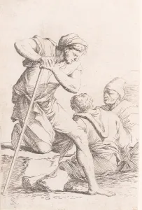 Rosa Salvator Prints: Two men sitting and another man holding a staff kneeling on a rock, from the seri... ca