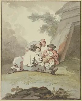 Four People Prints: Four men sitting or squatting on the ground in front of a hut playing cards