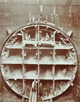 Men standing in the cutting shield, Rotherhithe Tunnel, Stepney, London, August 1907