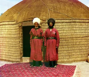 Nomadic Prints: Two men standing on a rug, in front of yurt
