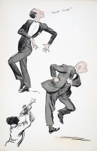 Negro Collection: Two men in suits dancing while a musician plays the trumpet, from White Bottoms pub