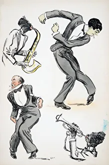 Two men in suits dancing while two musicians play the saxophone and trumpet Two men in suits dancing while two musicians play the saxophone and trumpet