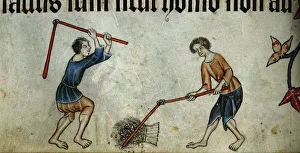 Two men threshing sheaf (From the Luttrell Psalter), ca 1330. Artist: Anonymous Two men threshing sheaf (From the Luttrell Psalter), ca 1330. Artist: Anonymous