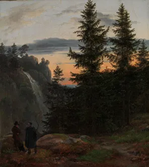 Johan Christian Clausen Dahl Prints: Two Men before a Waterfall at Sunset, 1823. Creator: Johan Christian Dahl