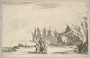 Three men wearing hats standing in center, men fixing a ship to right Three men wearing hats standing in center, men fixing a ship to right