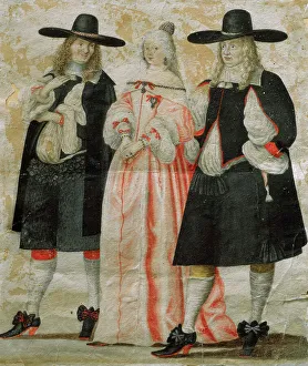 Nordic Museum Prints: Two men and a woman in 17th century clothing. Creator: Unknown