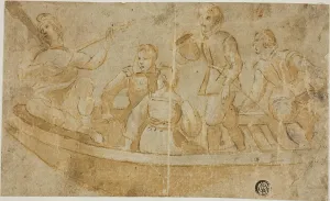 Lead White Prints: Three Men, Woman and Luteplayer in Boat, n.d. Creator: Unknown