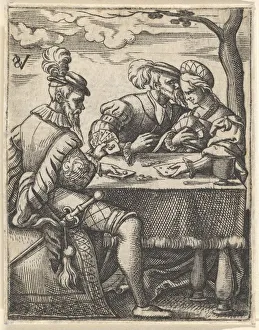 Virgil Solis Prints: Two men and a woman playing cards at a table, one man pressing his nose toward