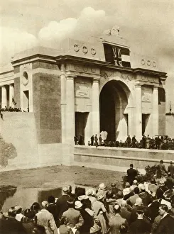 Sir Reginald Blomfield Prints: The Menin Gate is unveiled, Ypres, Belgium, 24 July 1927, (1935). Creator: Unknown