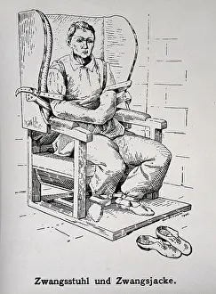 Mental Health Prints: A mental ill patient in a straight jacket and strapped into a chair