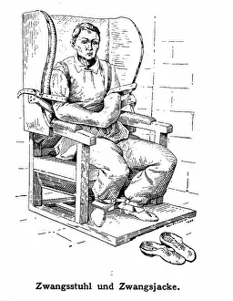 Healthcare Prints: A mental ill patient in a straight jacket and strapped into a chair
