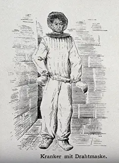 Mental Health Prints: A mentally ill patient with mask and hand restraints, 1908. Creator: Unknown