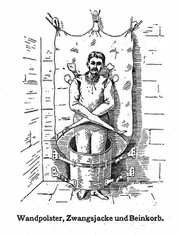 Mental Health Prints: A mentally ill patient in a strait-jacket attached to the wall and a strange barrel