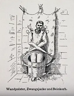 Mental Health Prints: A mentally ill patient in a strait-jacket attached to the wall and a strange barrel shaped